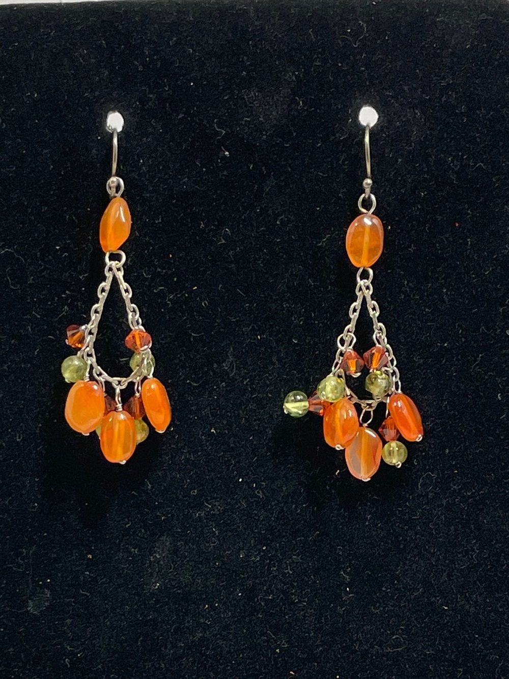 Sterling Silver Carnelian Orange Peridot Sage Green Crystal Dangle Drop Earrings